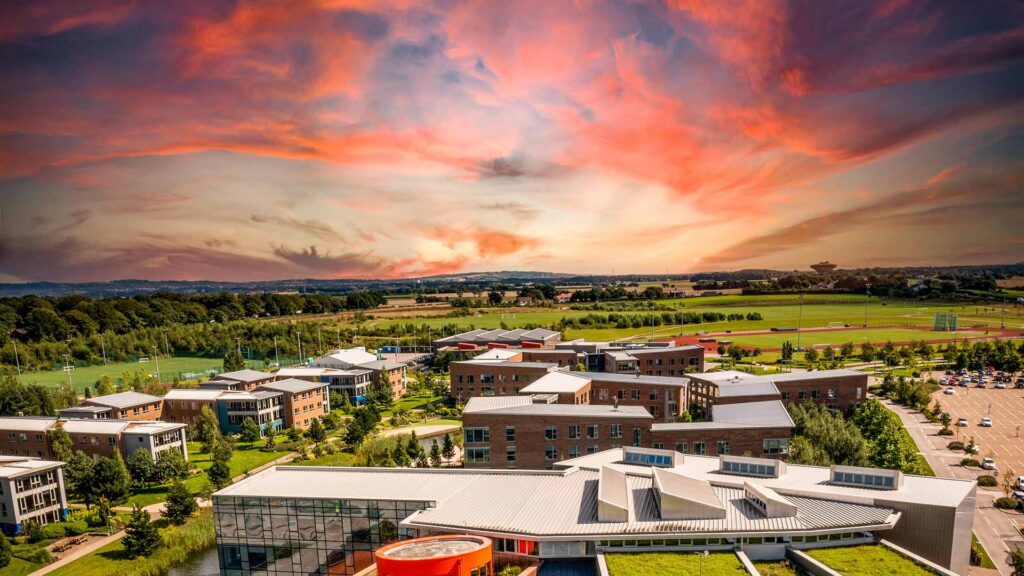 An aerial shot of the Edge Hill campus at sunset.